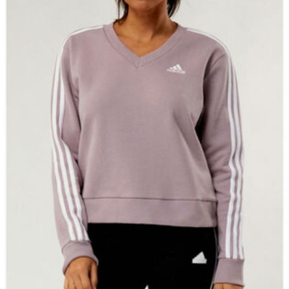 Adidas Lavender 3 Stripes Sweatshirt S Womens V Neck Long Sleeve Athleisure